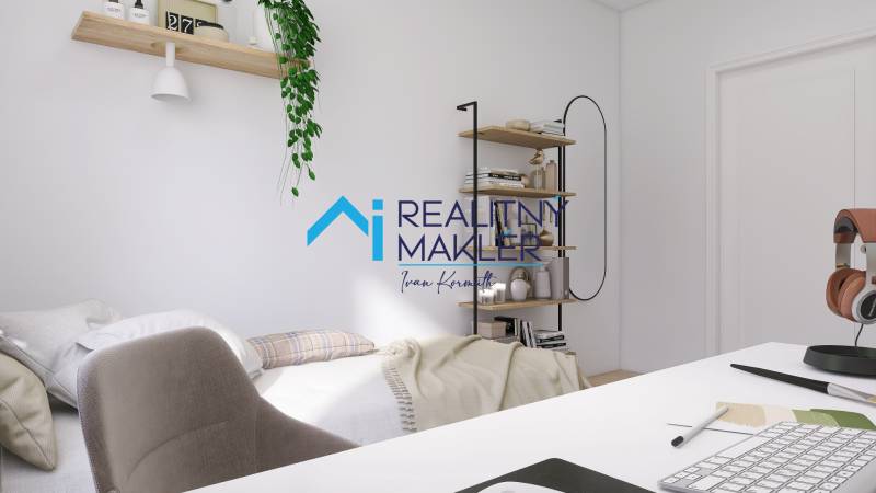 A workspace with a desk, shelves, and a bed in a 3-room apartment.