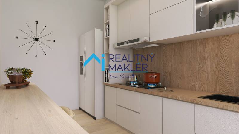 A kitchen with a wooden decor floor, a clock, and modern appliances in a 3-room apartment.