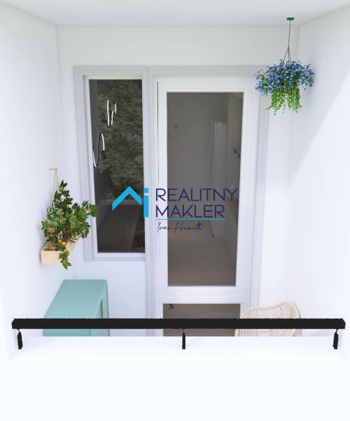 A balcony in a 3-room apartment in Bratislava - Petržalka with plants and hanging decorations.