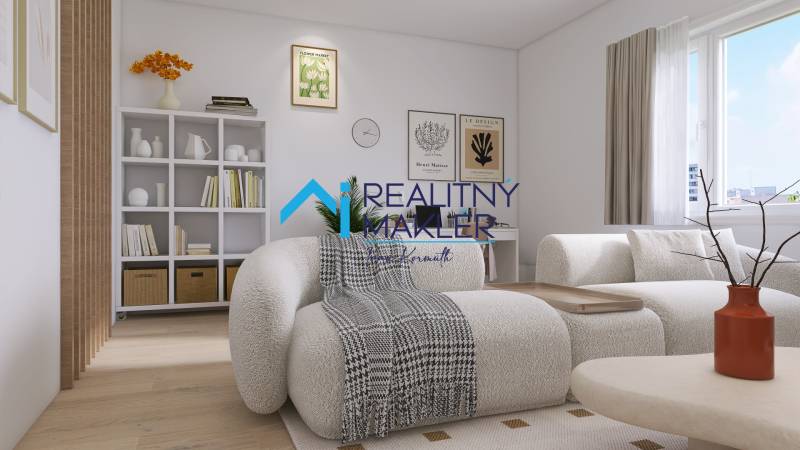 A bright living room in a three-room apartment with comfortable furniture and shelves full of books.