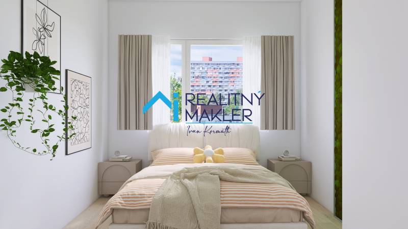 A bedroom in a three-room apartment with a bed and curtains, a plant, and pictures on the wall.