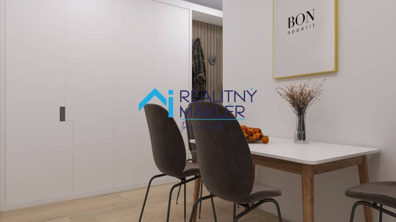 A bright dining room with dark chairs and a table, and a wooden-patterned floor.