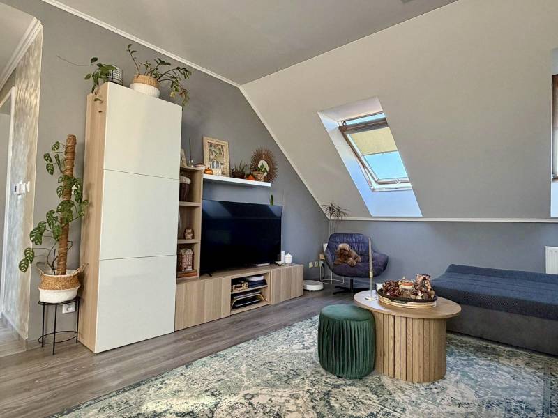 Living room in a 2-room apartment with a skylight, wood-patterned flooring, comfortable furniture.