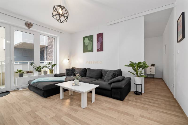 Living room in a 3-room apartment with a large couch, plants, and a floor with a wood decor.
