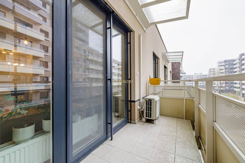The balcony of a 3-room apartment with a view of the housing estate in Bratislava - Ružinov on Na križovatkách street.