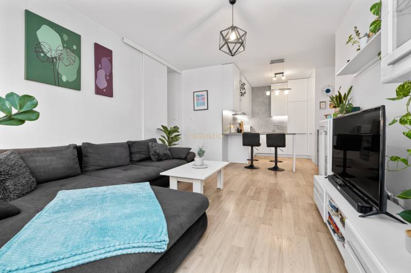 Living room with a kitchenette, gray sofa, and wood-patterned flooring in a three-room apartment.