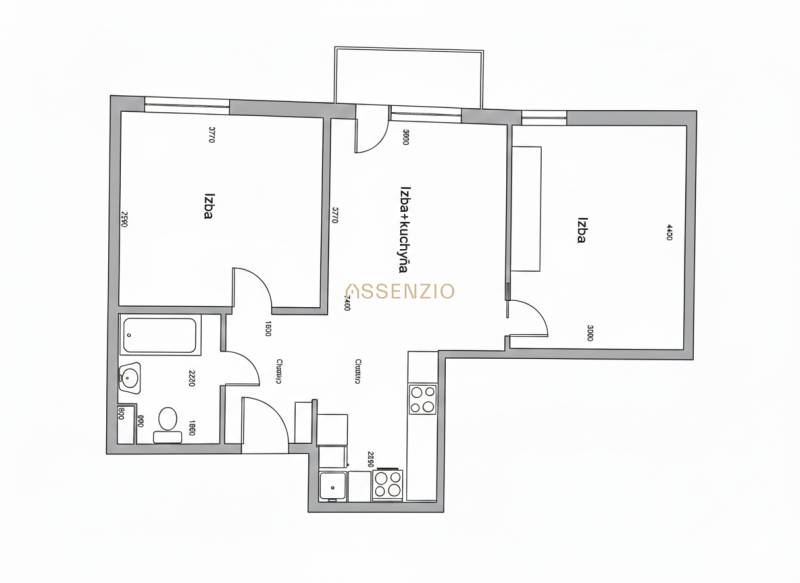 Floor plan of a 3-room apartment with a kitchen, two rooms, and a bathroom.