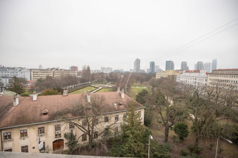 A view from above of a park in Bratislava - Old Town and the city skyline.