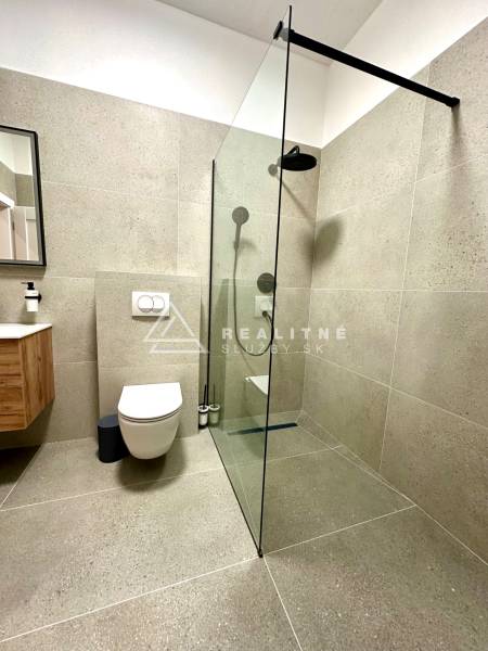 Bathroom in a 2-room apartment with a shower, toilet, and sink with a wooden decor.