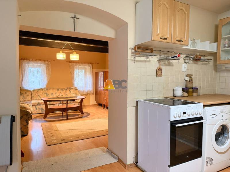 A kitchen and living room in a cottage with a wooden decor floor, a comfortable sofa, and a stove.