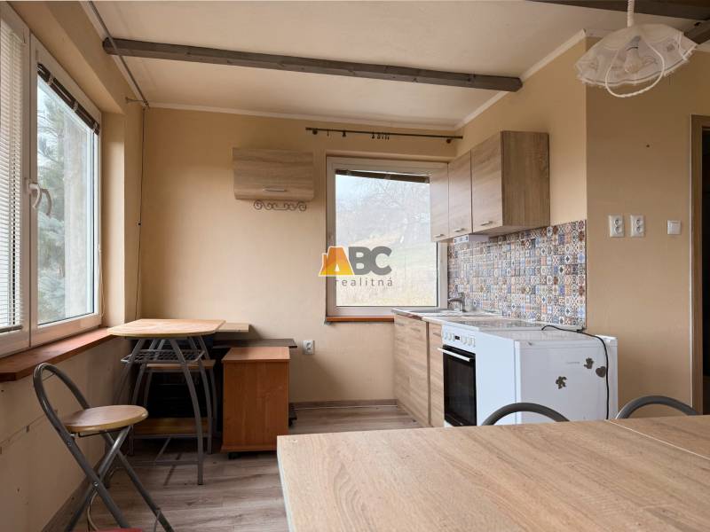 A kitchen with a dining area and a wooden decor floor in a cozy cabin.