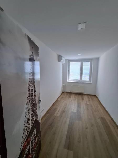 A narrow room with a wooden decor floor and a window in a 5 or more room apartment.