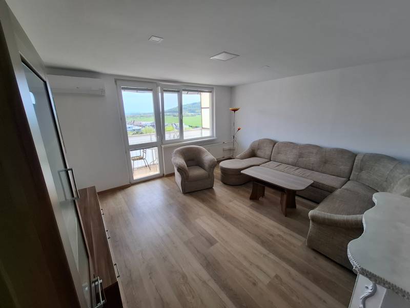 Living room with a large sofa and a view in a 5 or more room apartment, floor with wood decor.