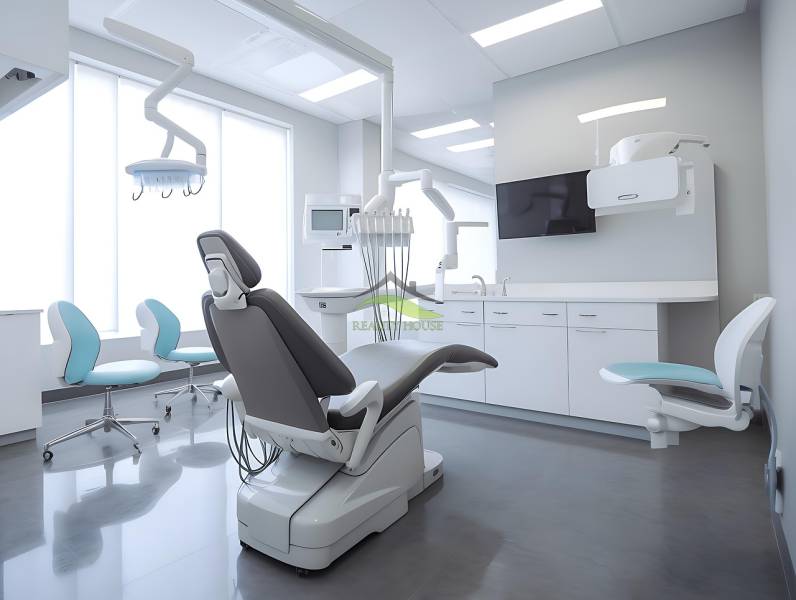 Dentist chair with modern equipment in commercial premises, white walls, large windows.