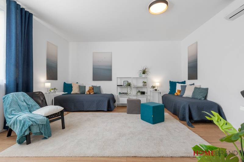 Bright living room in a three-room apartment with wood-patterned flooring and two sofas.