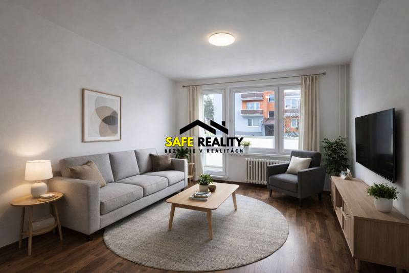 Living room in a two-room apartment with wood-patterned flooring and light furniture.