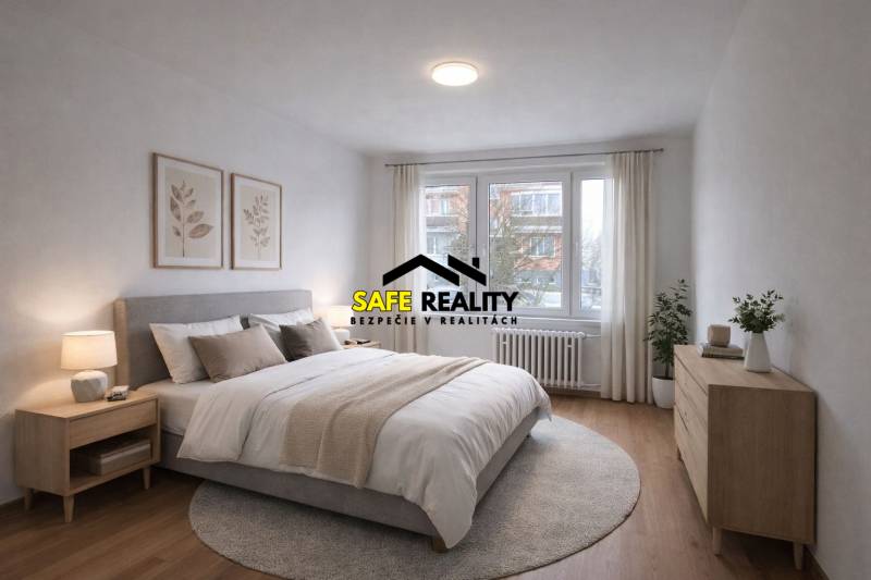 Bright bedroom in a two-room apartment with a window, bed, and wooden decor flooring.