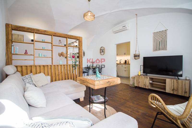 Living room in a one-room apartment with a sofa, wooden decor, and a television, leading to the kitchen.