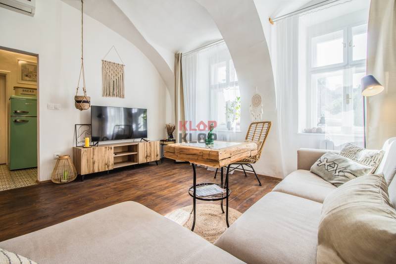 A living room with wood-patterned flooring and comfortable sofa seating in a studio apartment.