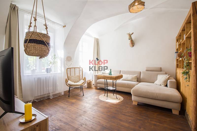 Living room in a studio apartment with a light sofa and a wooden decor floor.
