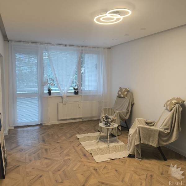 Living room in a 4-room apartment with a wooden decor floor, armchairs, and decorations.