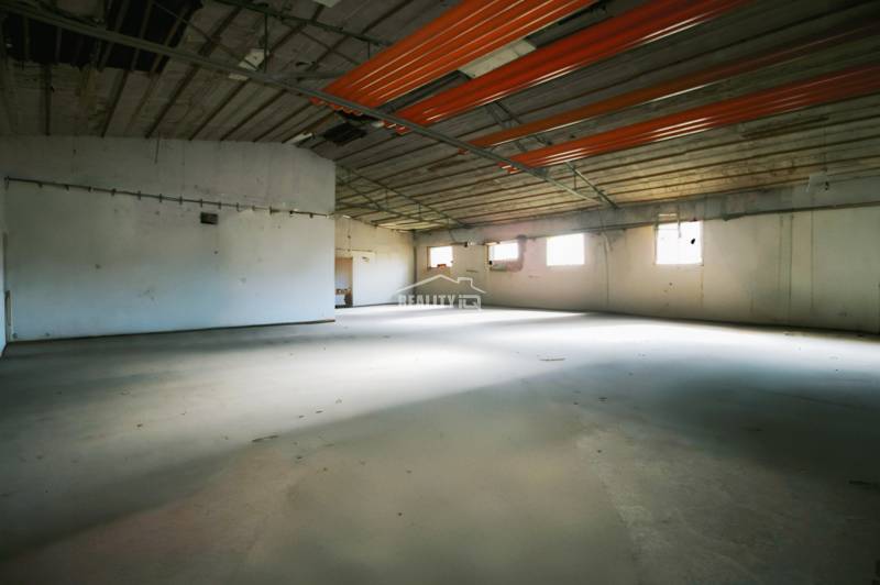 An empty interior of manufacturing premises with a concrete floor and windows on the walls.