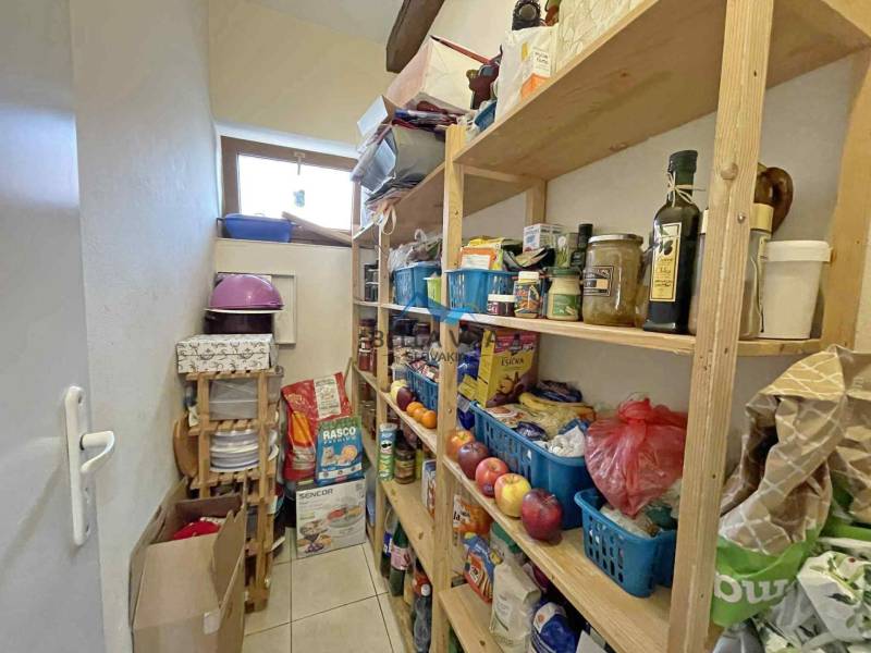 Pantry with shelves full of groceries and household items in a family home.