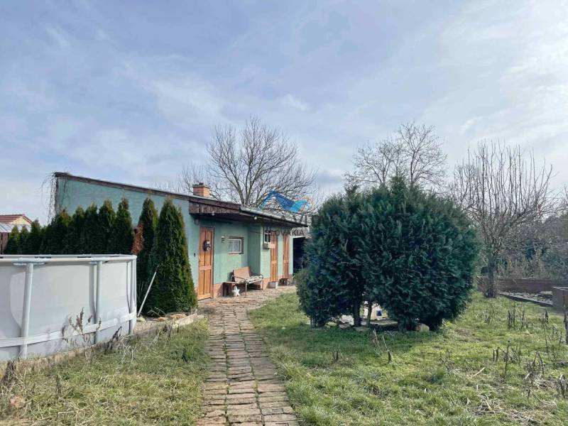 There is a garden with a swimming pool and coniferous trees at the family house on Hodská in Galanta.