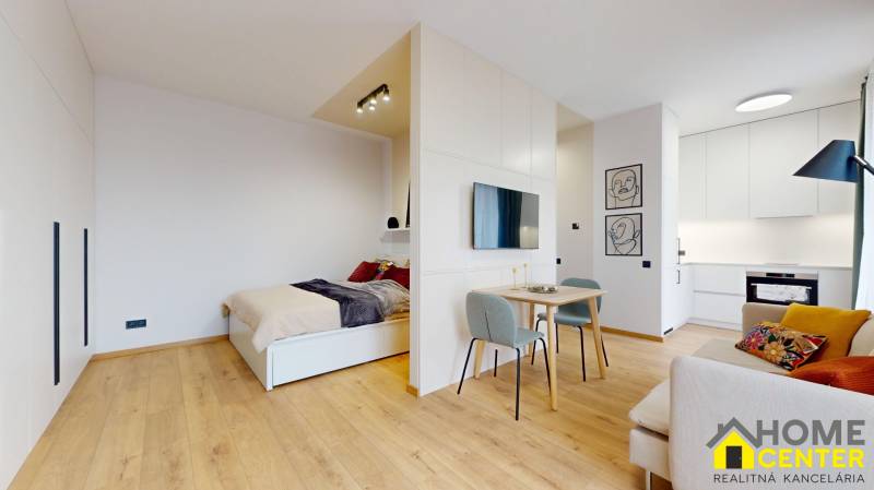 Interior of a 1-room apartment with a bed, kitchen, and living room. Floor with wood decor.
