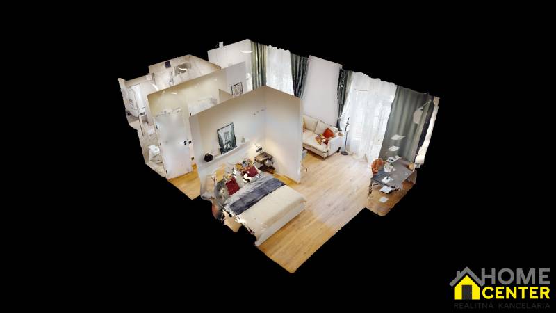 3D view of a one-room apartment with a light wood-patterned floor and furniture.