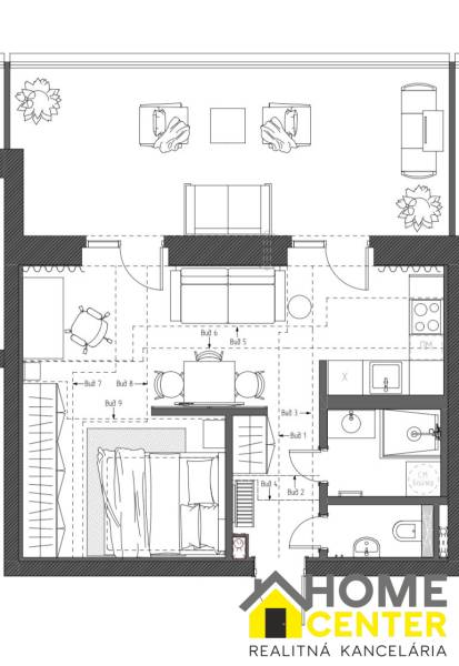Floor plan of a 1-bedroom apartment with a living room, kitchen, bedroom, and bathroom.
