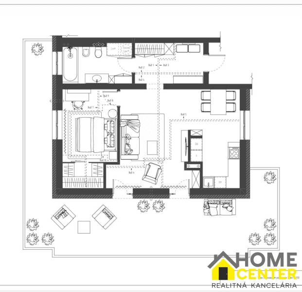 Floor plan of a 3-room apartment with a kitchen, bathroom, and terrace.