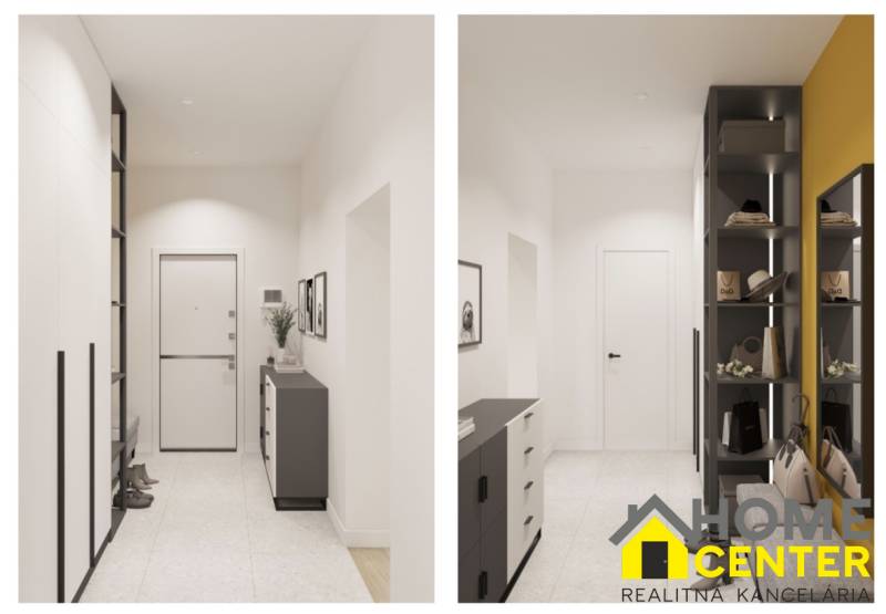 Entrance hall in a 1-room apartment with white walls, a cabinet, and shelves.