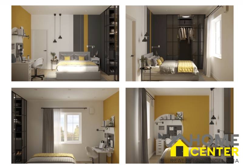 A bedroom in a 3-room apartment with a gray and yellow wall, a desk, and a bed.