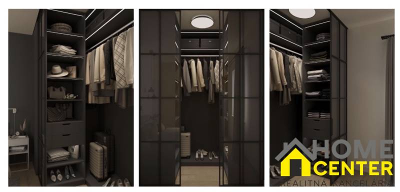 A wardrobe in a 3-room apartment with glass doors and a shelving system, flooring with a wood decor.