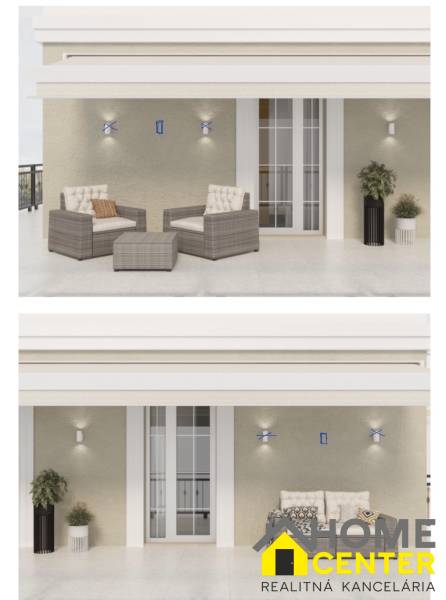 The terrace of the 3-room apartment with seating, decorations, and plants offers a pleasant relaxation space.