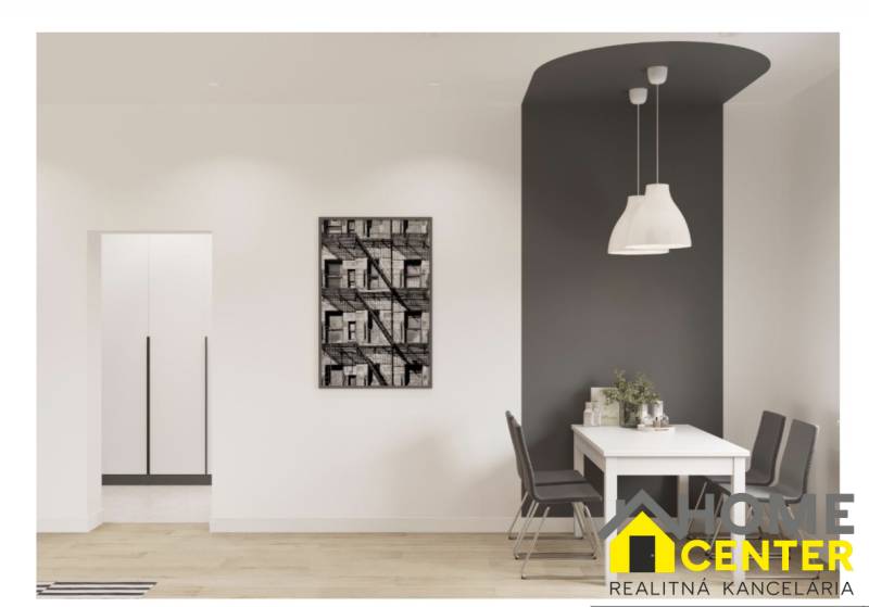 Dining area with a table and chairs in a 3-room apartment, floor with wooden decor.