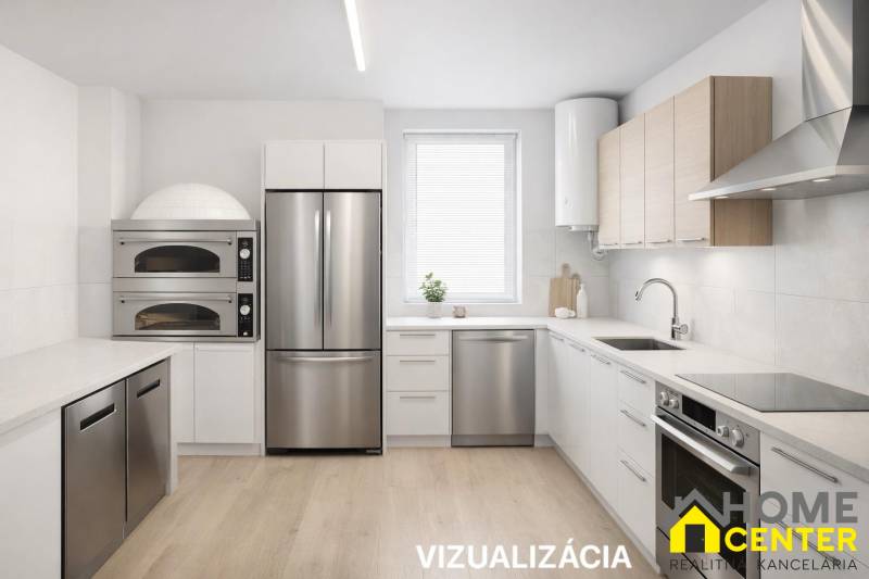 Interior of a kitchen with modern equipment and a wooden decor floor.