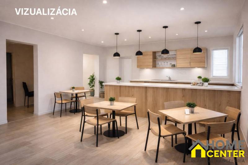 Gastro premises with wood-decor flooring, tables and chairs, minimalist interior.