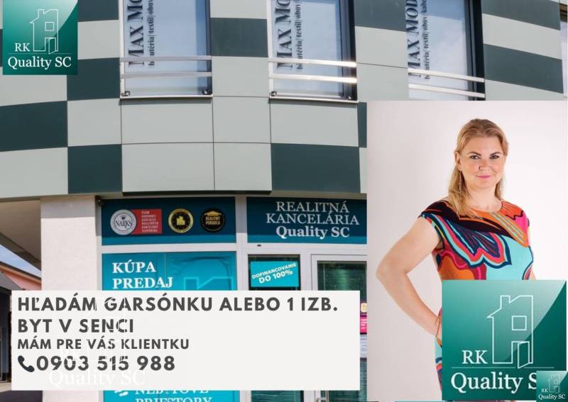 A real estate agency in Senec is looking for a studio or a one-bedroom apartment, contact Quality SC.