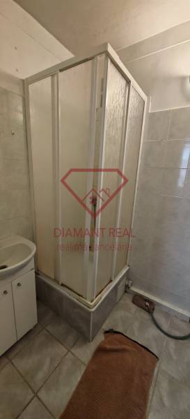 Bathroom with a shower and a small sink, suitable for a 3-room apartment.