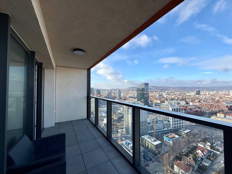 A balcony with a view of the panorama of Bratislava - the Old Town from Súkennícka Street.