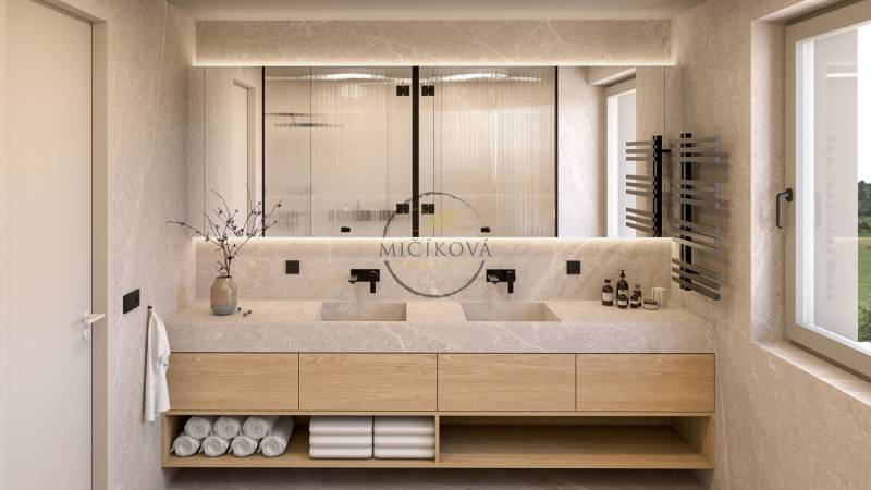 A bathroom in a 4-room apartment with a double sink, mirrors, and wooden decor.