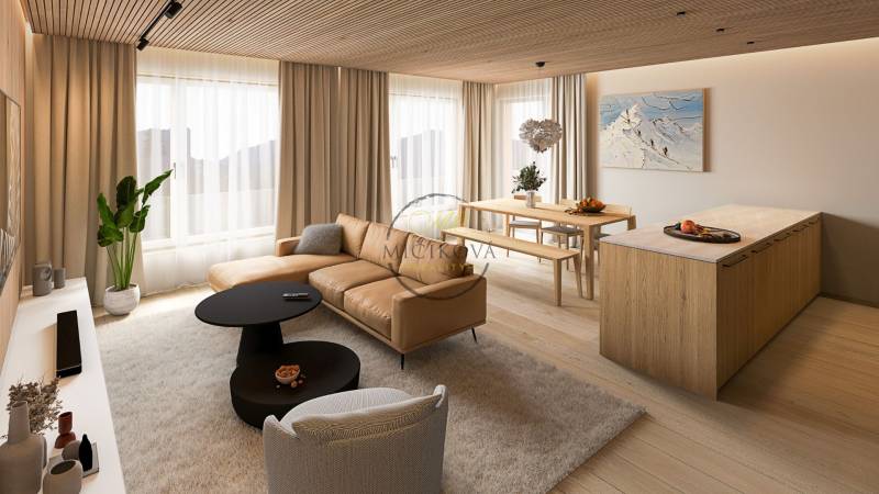 Interior of a 4-room apartment with a wooden decor floor, comfortable sofa, and dining table.