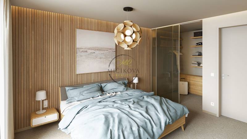 Bedroom in a 4-room apartment with a wood-paneled wall and a wardrobe.