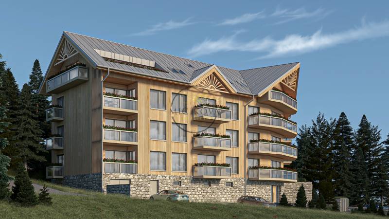 Recreational apartment in Donovaly with wooden decor and balconies on an Unnamed street.