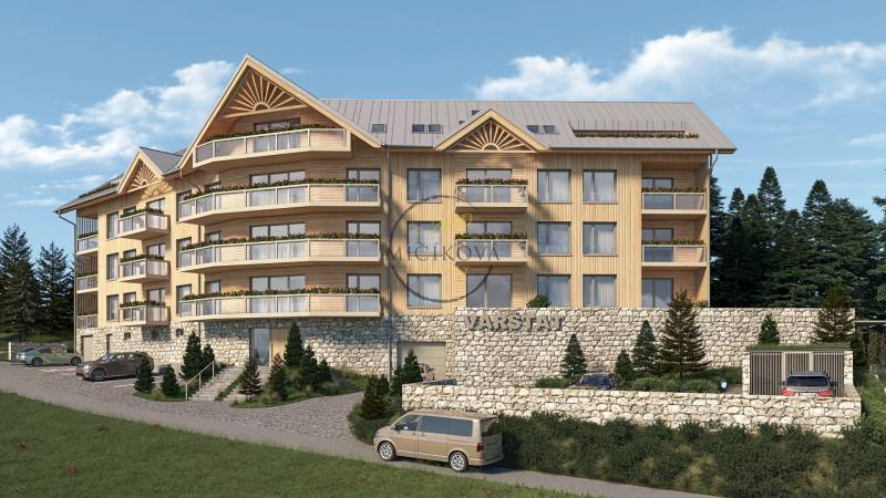 A recreational apartment in Donovaly on an Unspecified Street with wooden decorations and stone details.