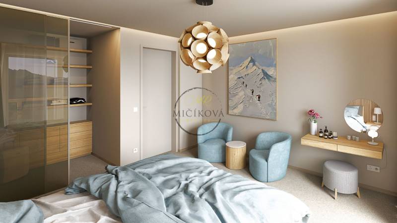 Bedroom in a 4-room apartment with textiles, chairs, painting, and mirror.