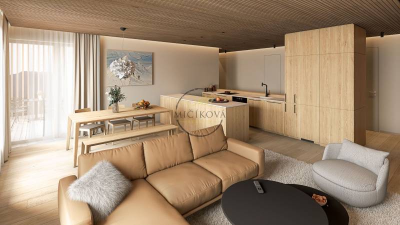 Living room in a 4-room apartment with a wooden decor floor and a dining table.