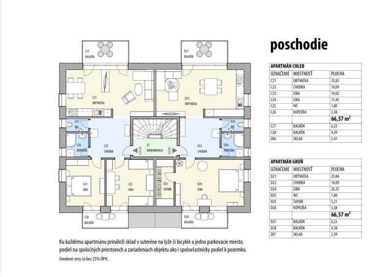 The floor plan of the holiday apartment shows the layout of rooms, balconies, and storage spaces.
